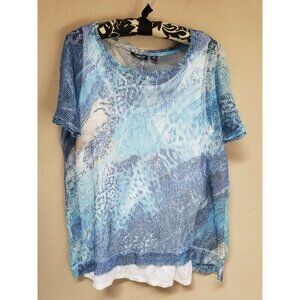 Onque Casual Womens Scoop Neck Printed Mesh Overlay Top Medium Blue Short Sleeve